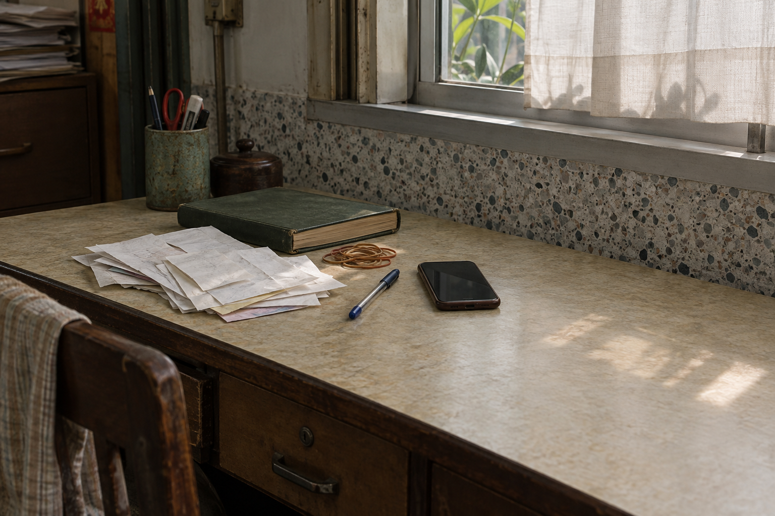 A small-business desk with receipts, a phone and a ledger
