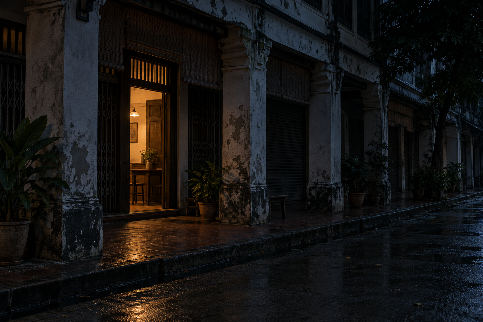 A row of shophouses at blue hour with one shop still lit