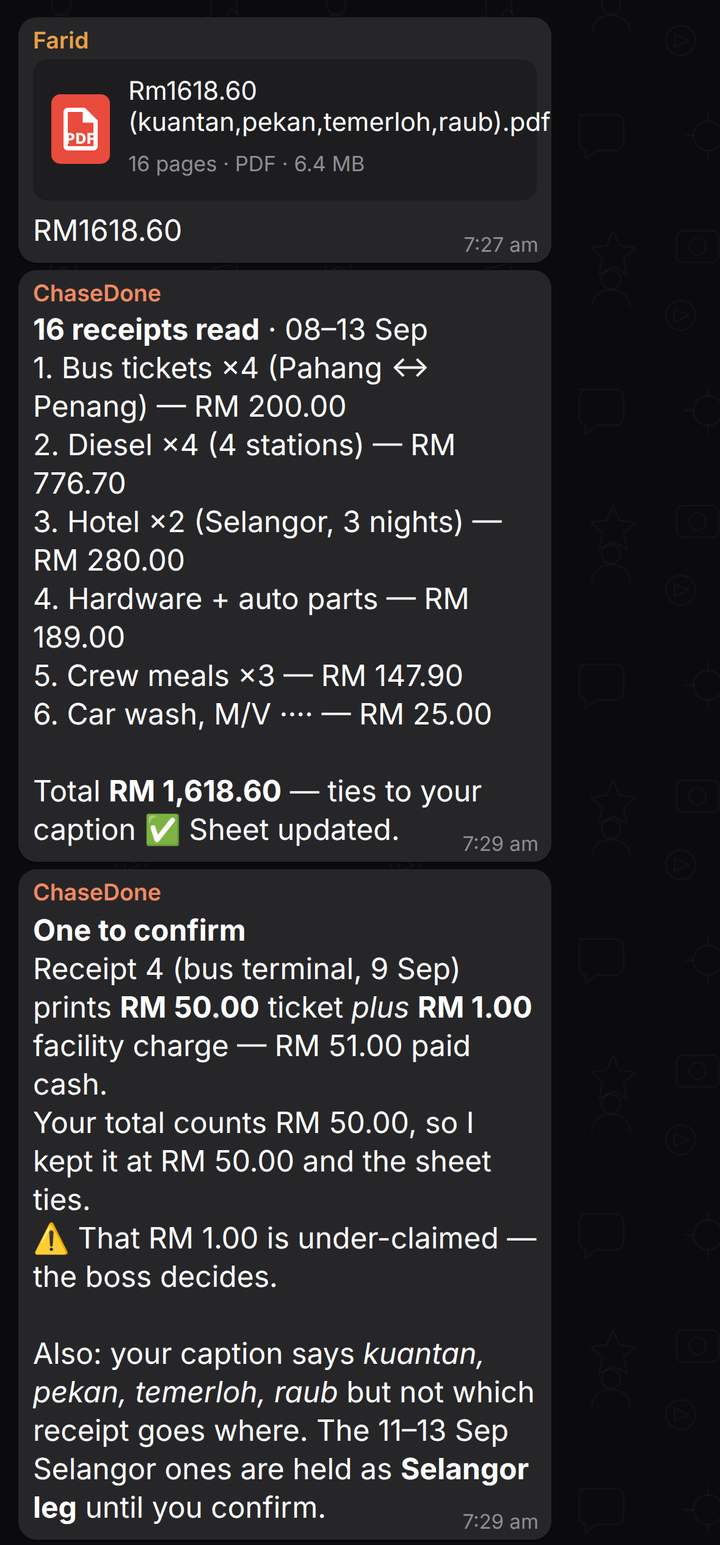 The WhatsApp thread: the worker's scanned receipts, then the itemised reply and the one item to confirm